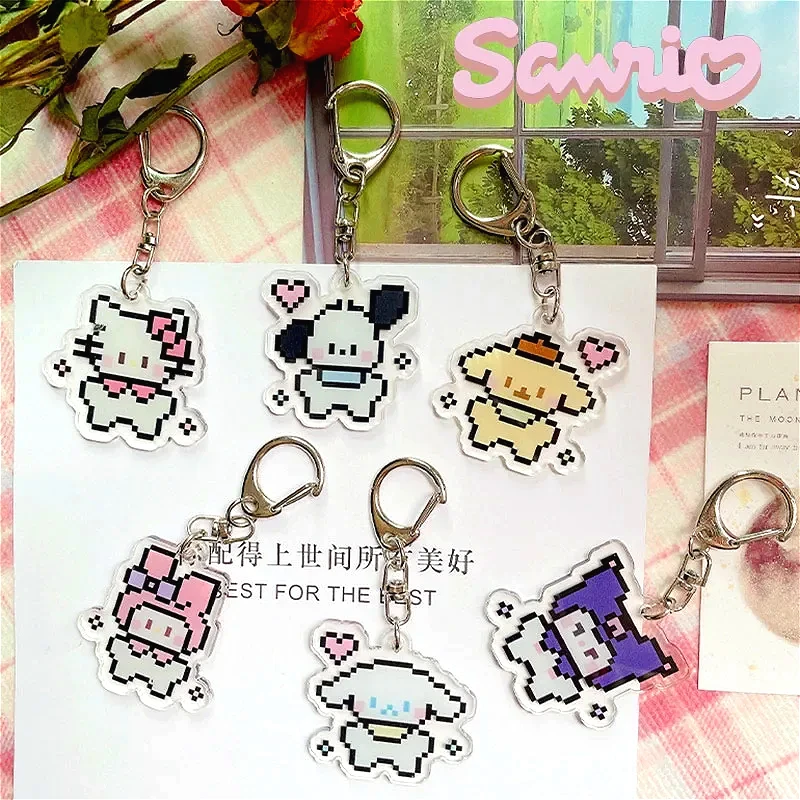 Hello Kitty gantungan kunci Sanrio perhiasan Mymelody Cinnamoroll Pixel gaya gantungan kunci kartun ransel liontin ornamen hadiah anak-anak