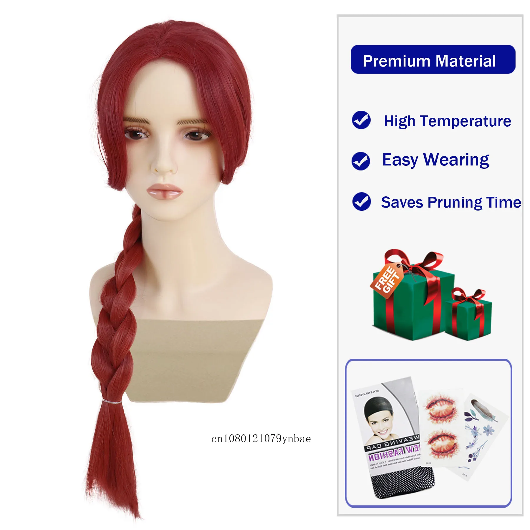 Women Girls Princess Wigs Synthetic Hair Red 29 Inch Long Straight Wig With Braids Daily Cosplay Party Halloween Costume Wigs