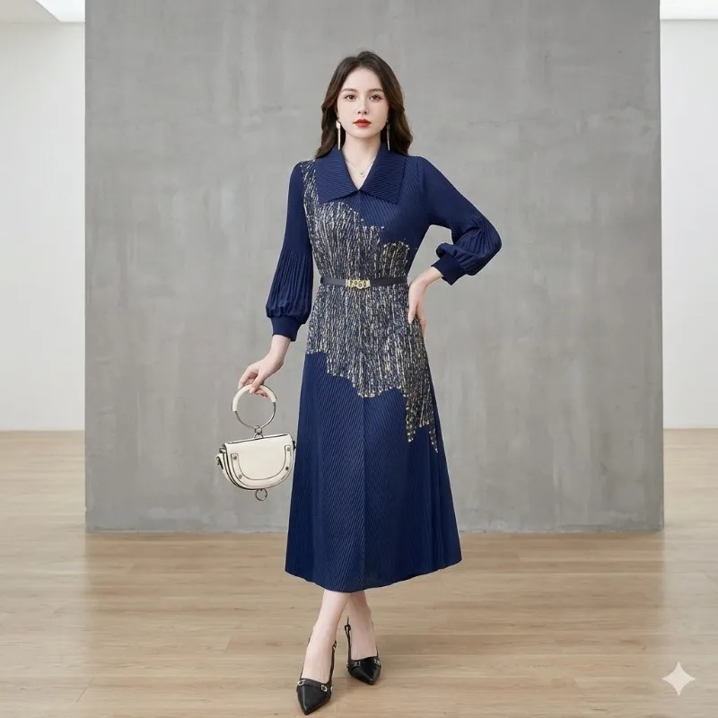 

2026 New Miyake Pleated Plus Size Dresses Spring/Summer Gold-Embossed Loose-Fitting Slimming Long-Sleeve Elegant Maxi Fold Dress