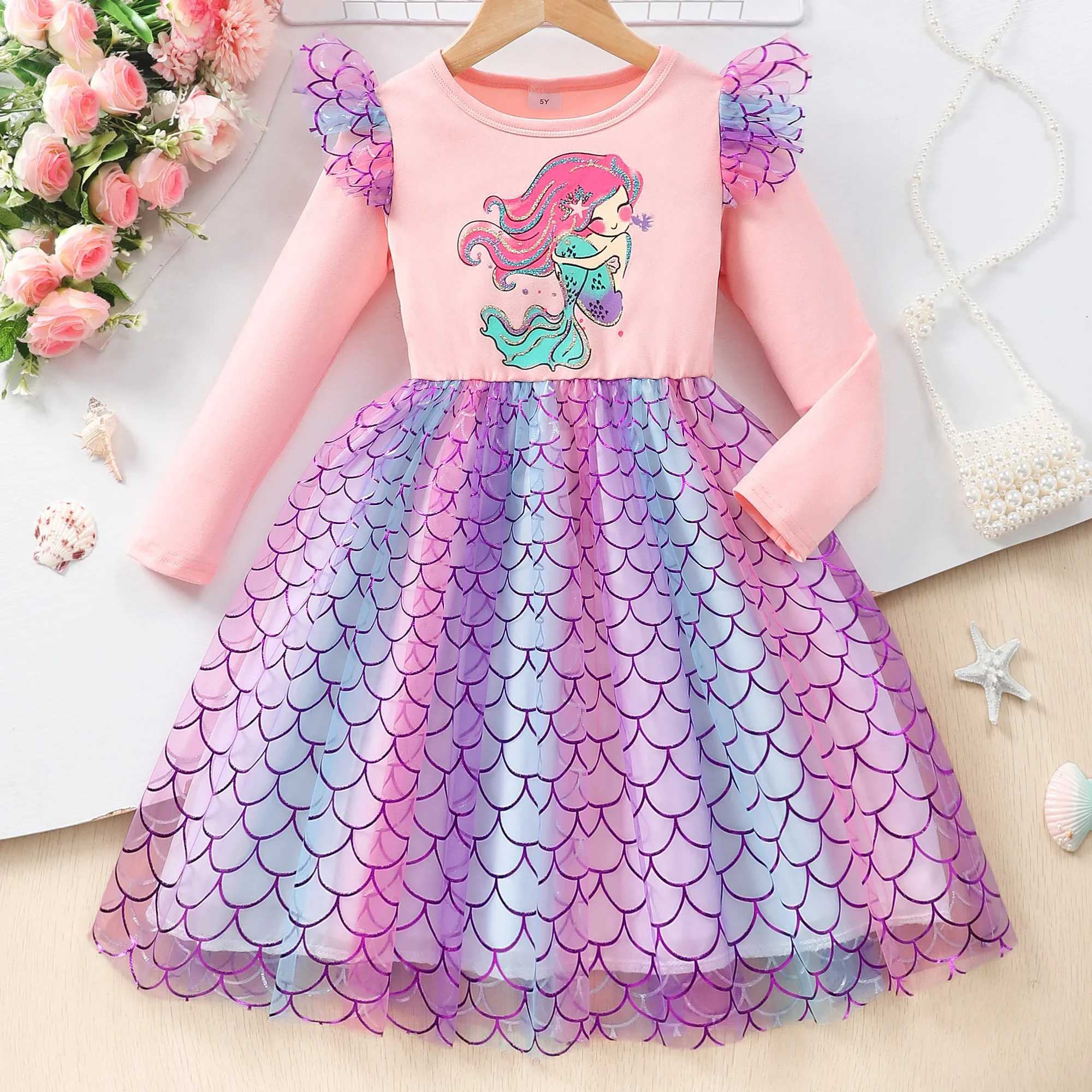 New Mesh Mermaid Dress Kids Girl Clothes Long Sleeve Winter Baby Girls Outfit Cute Cartoon Pink Children Dresses 2 3 4 5 6 7 Yrs