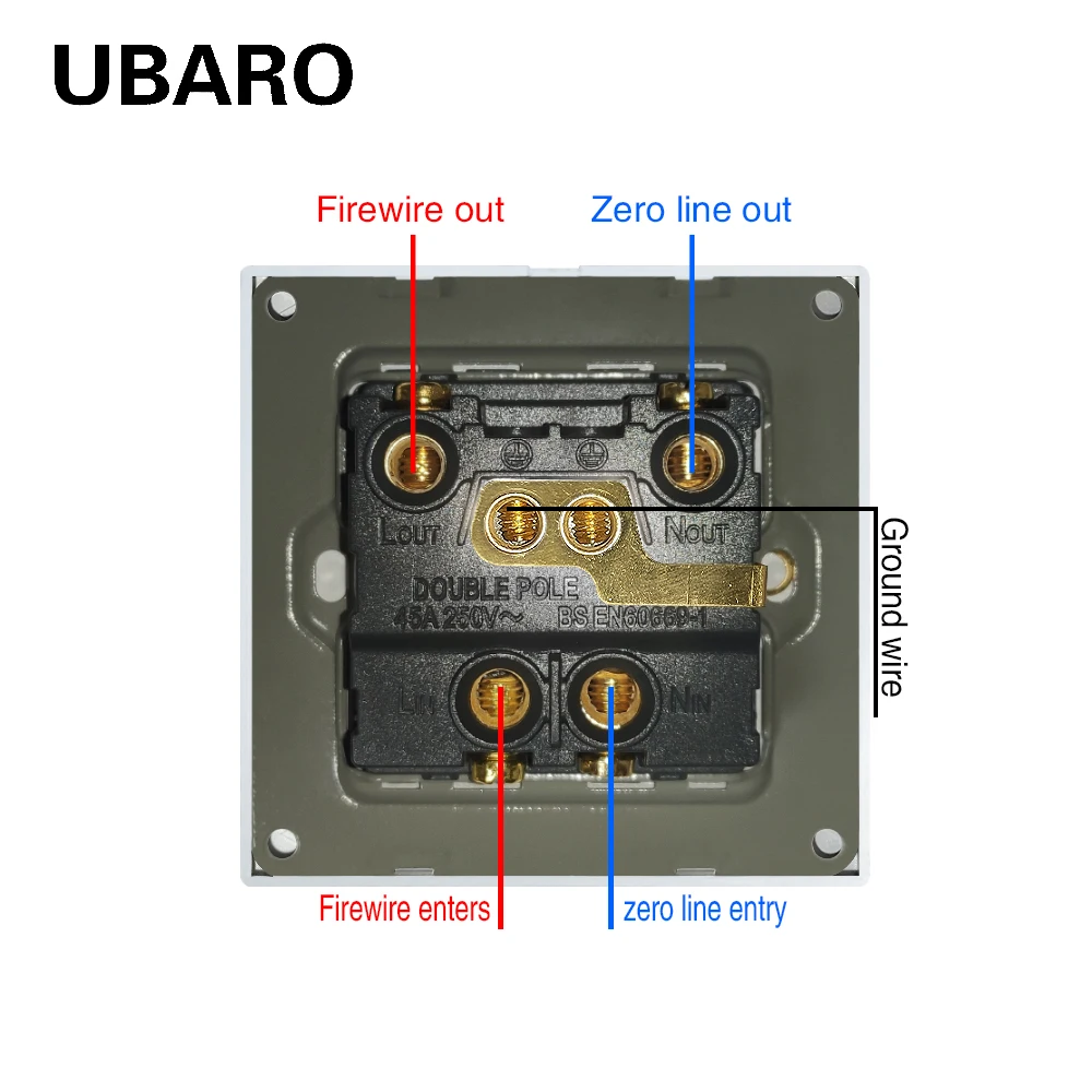 Ubaro EU \\ UK glass panel 45A strong push button switch zero fire wire control powerful equipment with red and