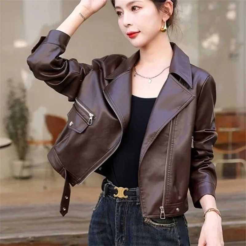 Giacca in pelle americana Donna Autunno inverno2025 Nuove esplosioni Cappotto Design Sense Capispalla con cerniera Breve tuta da motociclista da donna