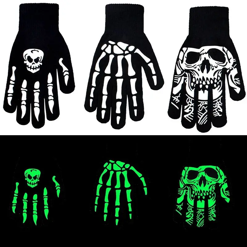 Leuchtende Handschuhe für Erwachsene, Halloween-Zubehör für den Winter, Handwärmer, Knochenschädel, Grimasse, Fäustling, rutschfest, Horror-Hand, warm halten