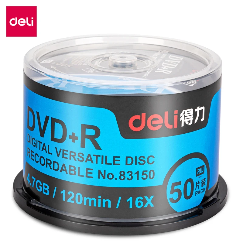 50PCS Box Deli 83510 DVD+R Blank Recordable Discs 4.7GB 120min 12X Speed Digital Versatile Disc for Data & Video Storage