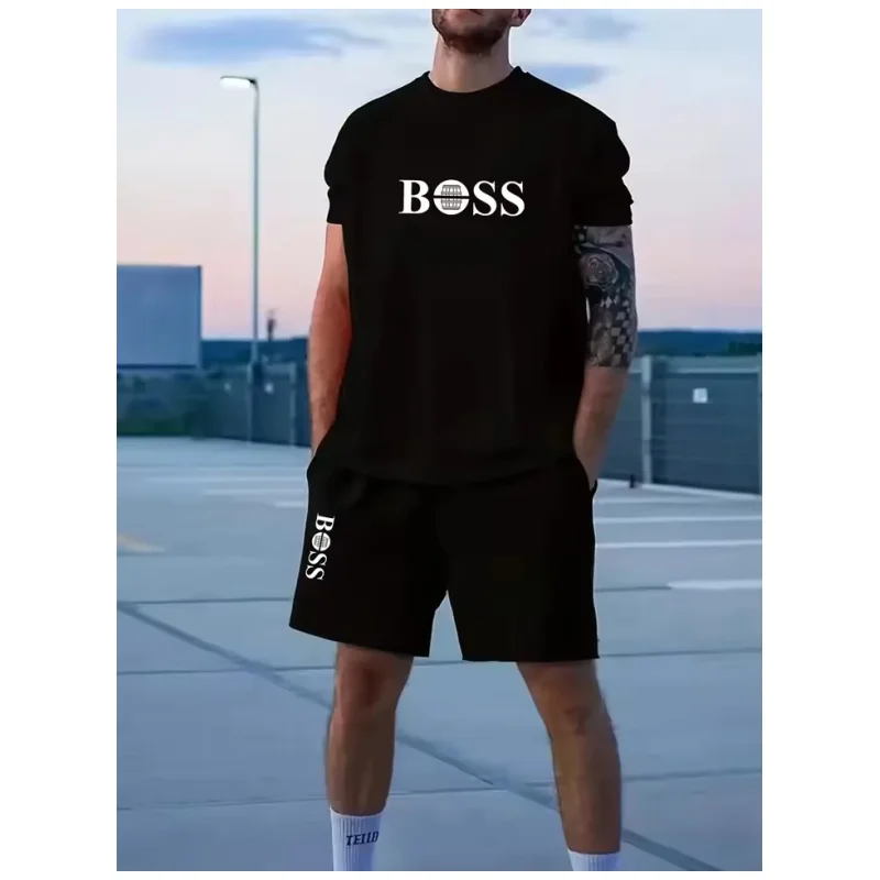 

Summer new men's sports T-shirt shorts set printed short sleeved round neck T-shirt summer casual outdoor comfort
