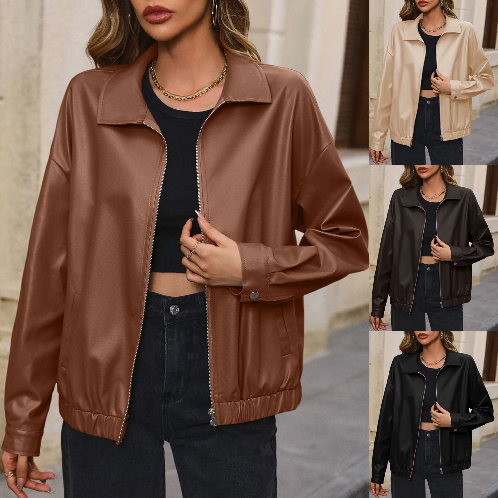 

Faux Leather Jacket Women's Zipper Jacket lapel Long sleeve Motorcycle Leather Jackets High Street Chic Jacket New Outerwear