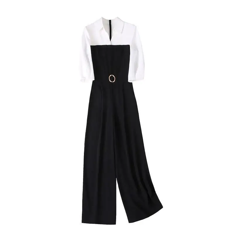 Jumpsuit gaya Korea wanita, jumpsuit kerah POLO kasual longgar kaki lebar elegan musim panas