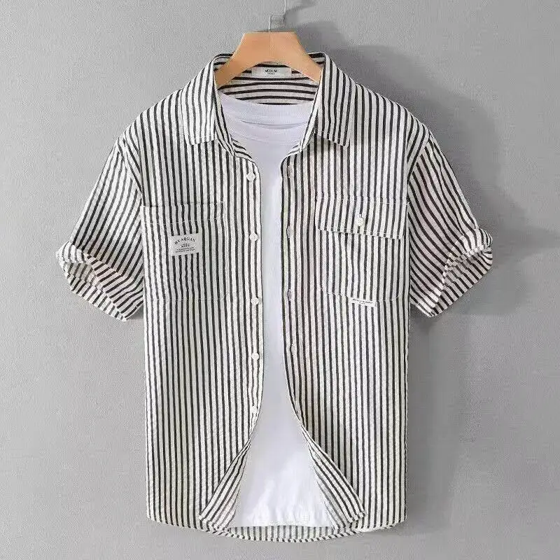 

Summer Men's Casual Stripe Short Sleeve Ice Silk Shirt Fashionable Versatile Handsome Trendy Workwear Breathable Comfortable