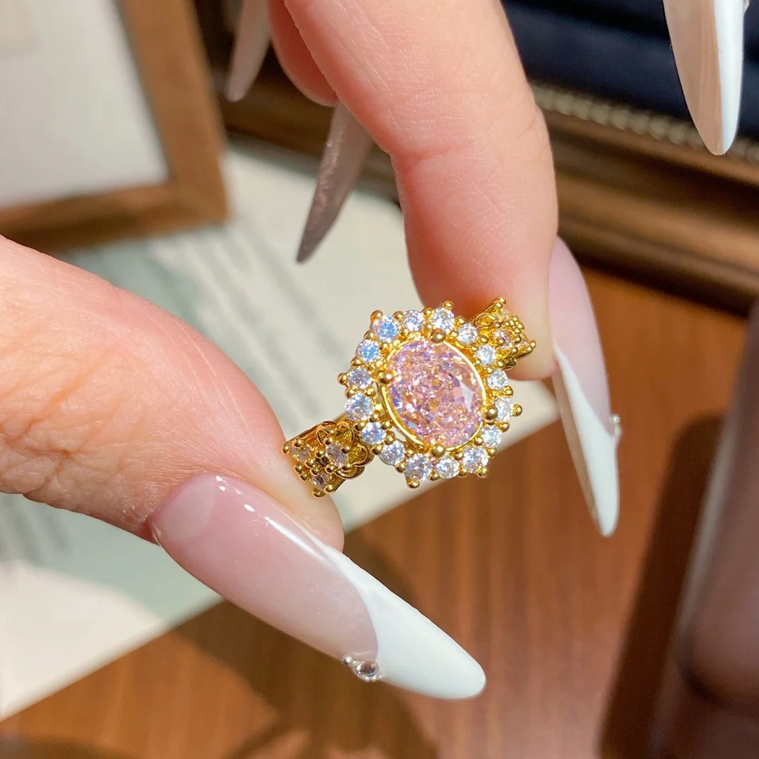 925 Sterling Silver Fashion Light Luxury Ice Cut Full Paved High Carbon Diamond Oval Romantic Pink Diamond Ring for Women
