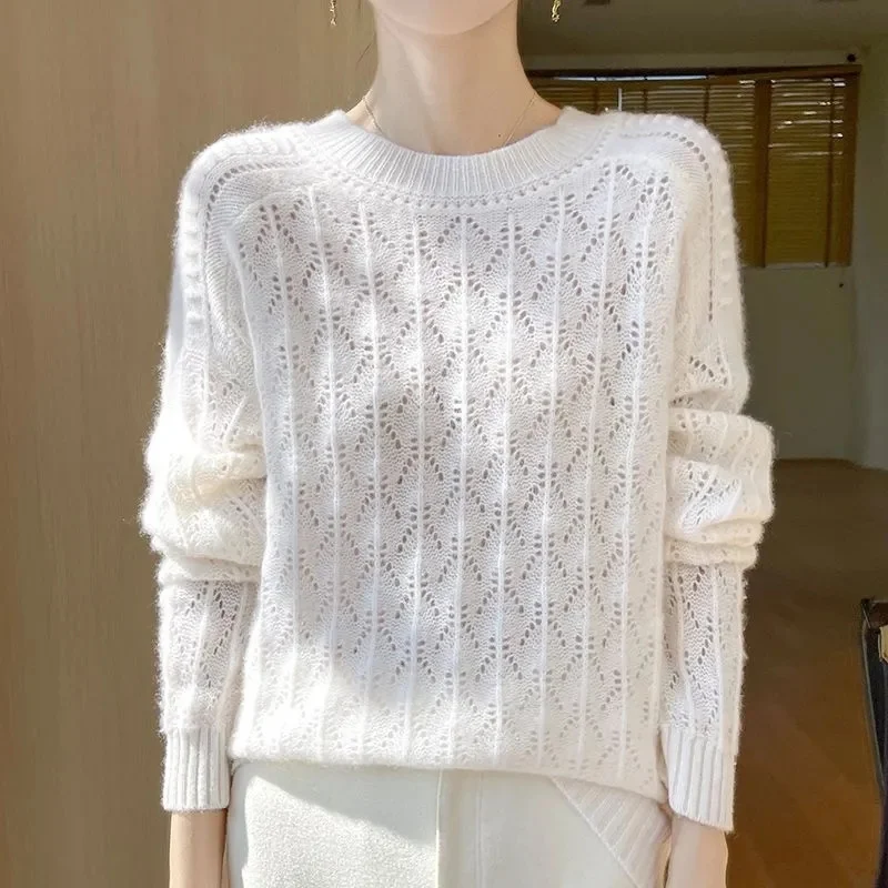

100% Merino Wool Knitted Sweater Autumn/Winter 2025 New Women's Round Neck Hollow Top Pullover Versatile Coat
