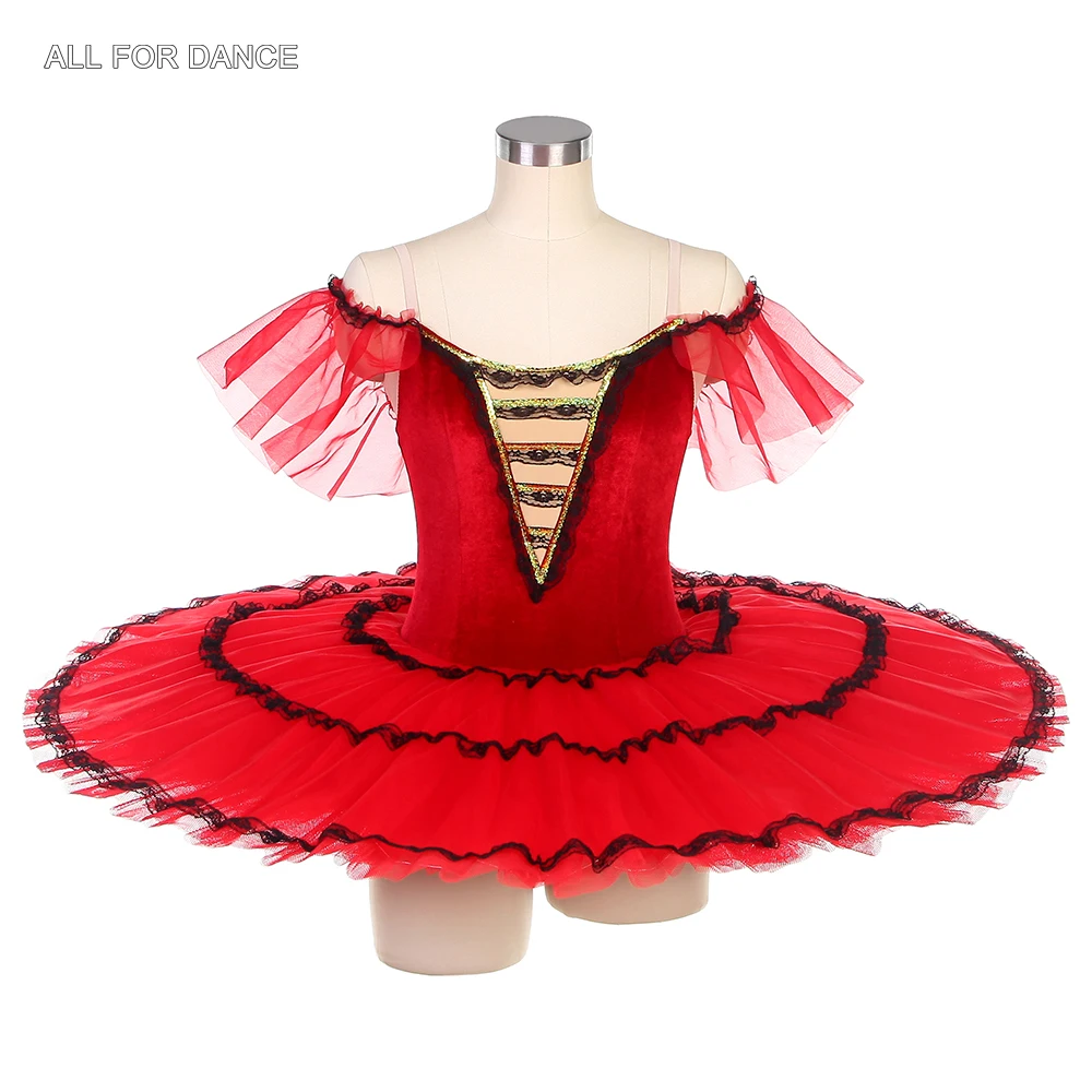 Bll428 fora do ombro ballet panqueca tutu vermelho veludo spnish tutu vestido 3 camadas ballet dança tutus para desempenho adulto