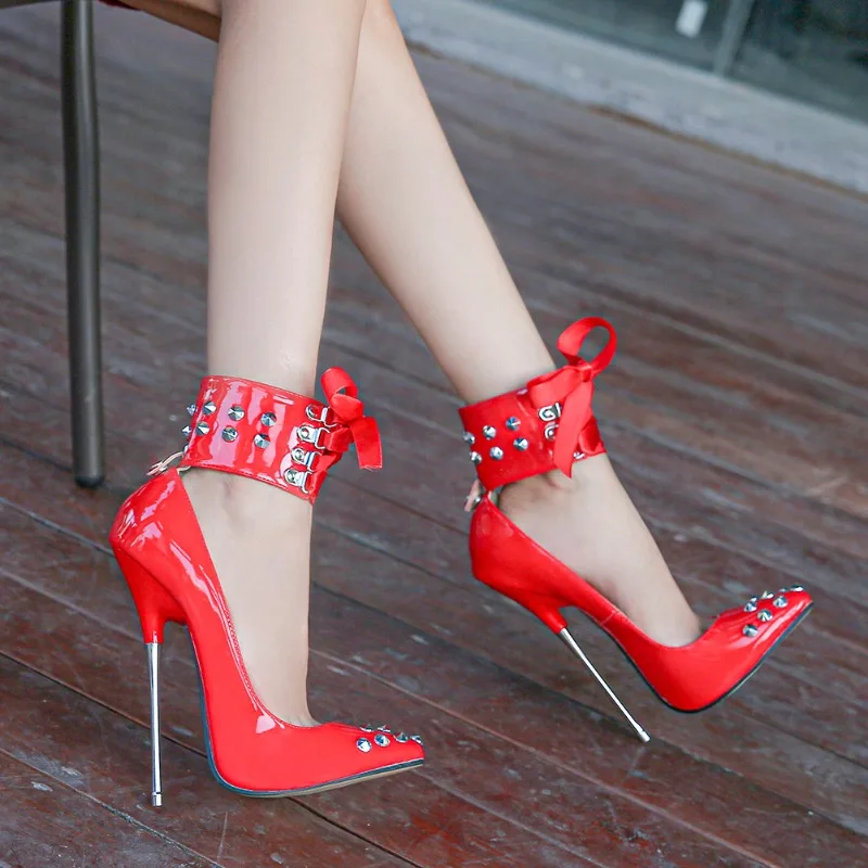 

Nightclub Women Shoes Rivet Pointed Toe Butterfly Knot Lace-up High Heels New PU Woman 16cm Super High Heels Bridal Single Shoes