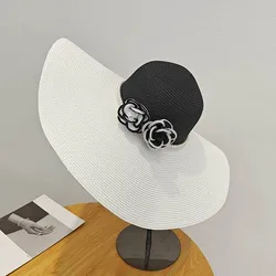 Two Tones Wide Brim Summer Hat for Women Big Brim Sun Hat Pearls Band Double Flower Summer Hat Ladies Holiday Floppy Beach Hat