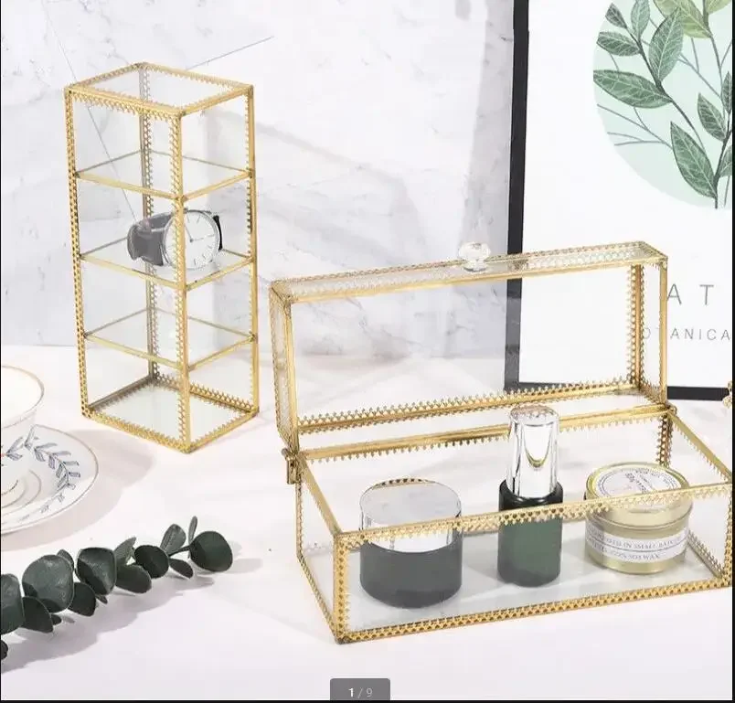 

Metal Glass Jewelry Box Lipstick Cosmetics Storage Ornament Living Room Desktop Organizer Modern Home Ring Earring Storage Tool