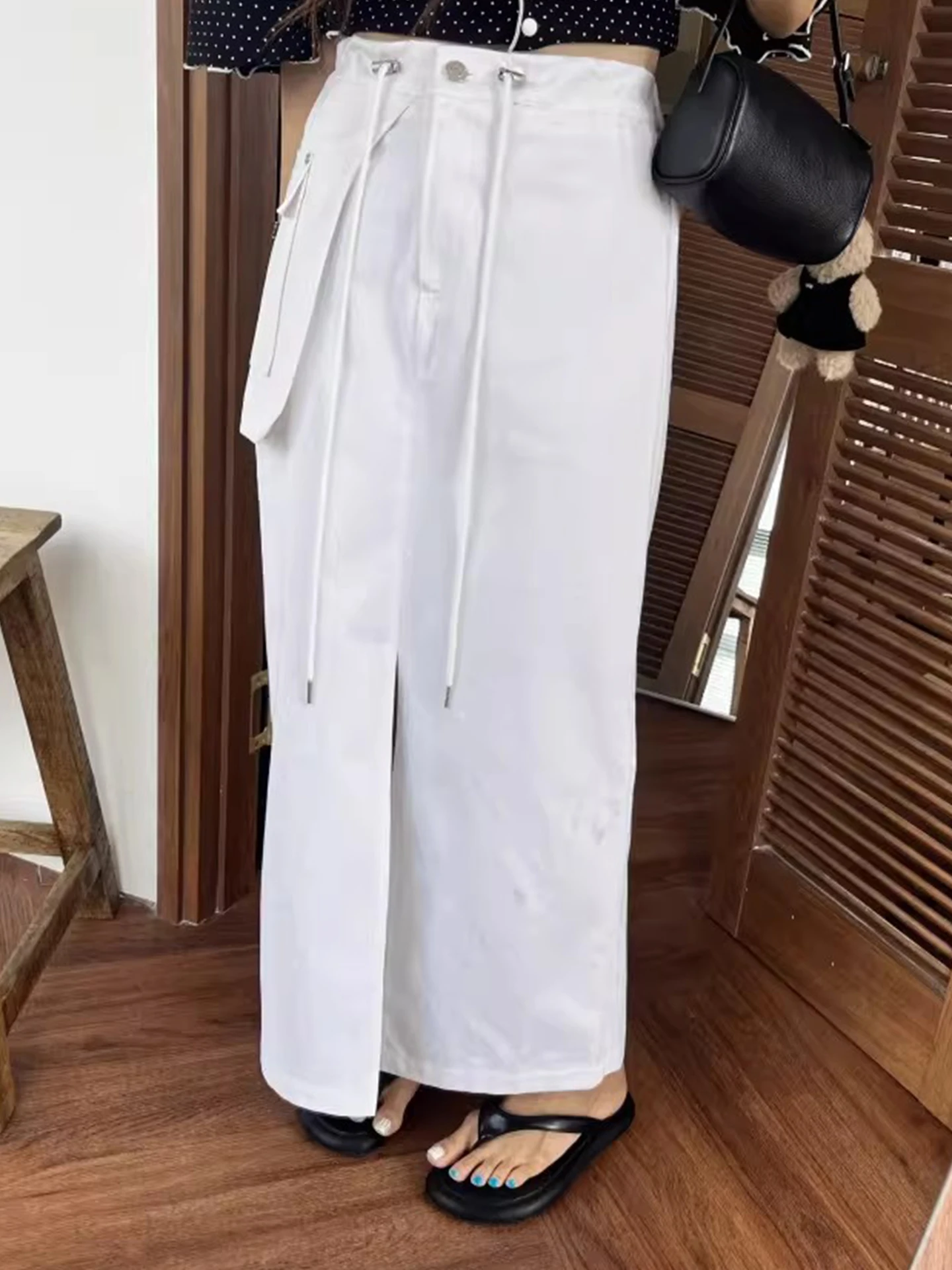 

Retro Side Large ket Slit Elastic Waist Midi Skirt Women Early Spring New Loose Versatile Straight Long Skirt Commute Sle