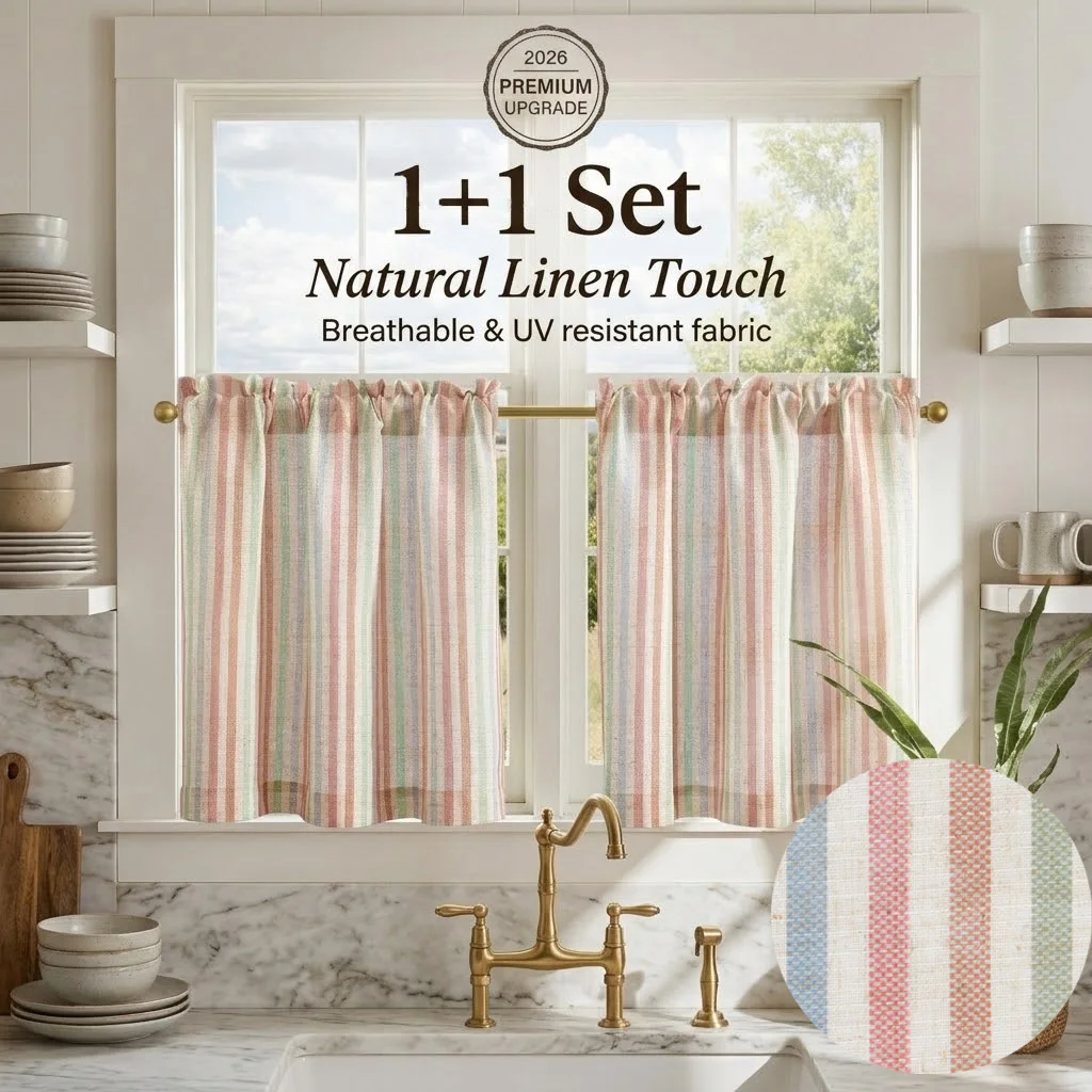 Jinchan Linen Blend Look Striped Cafe Curtains, Rod Pocket Farmhouse Kitchen Tiers, Limited Stock - Best Seller in AU/ES