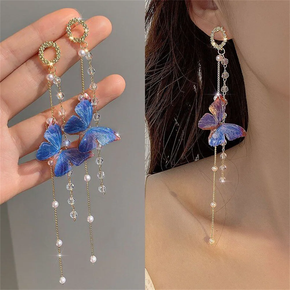 New Luxury Women Zircon Crystal Pearls Long Tassel Butterfly Earrings Stud Dangle Jewelry Gifts