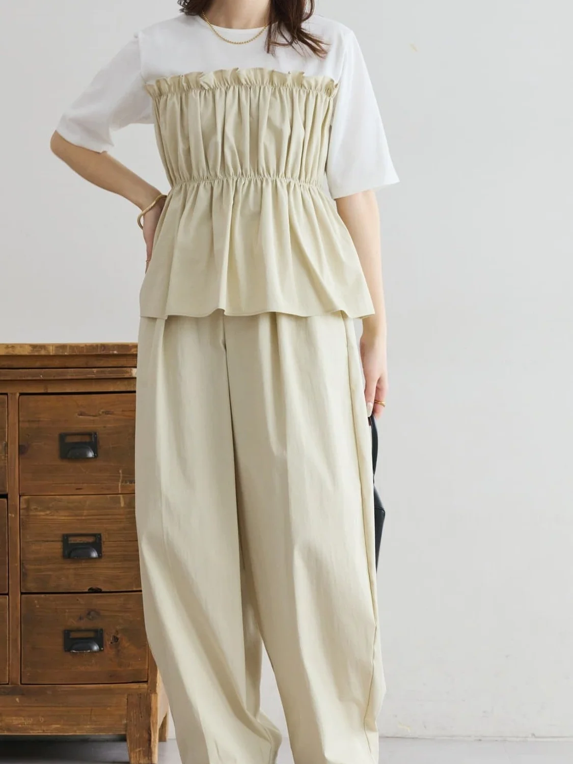 

Japanese Style Short Sleeve T-Shirt Pleated Splice High Waist Slim Wide Leg Two Piece Set Loose Straight Long Pants Women's F...