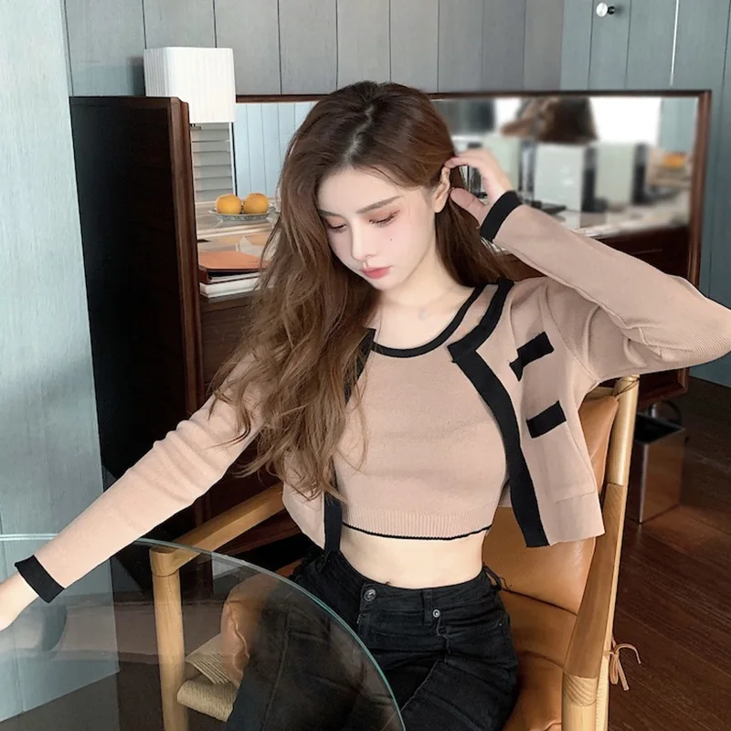 Women Long Sleeve Cardigans Patchwork Sexy Sweet All-match Party Cozy New Ulzzang Outfits Mujer Ins (Vest not included)