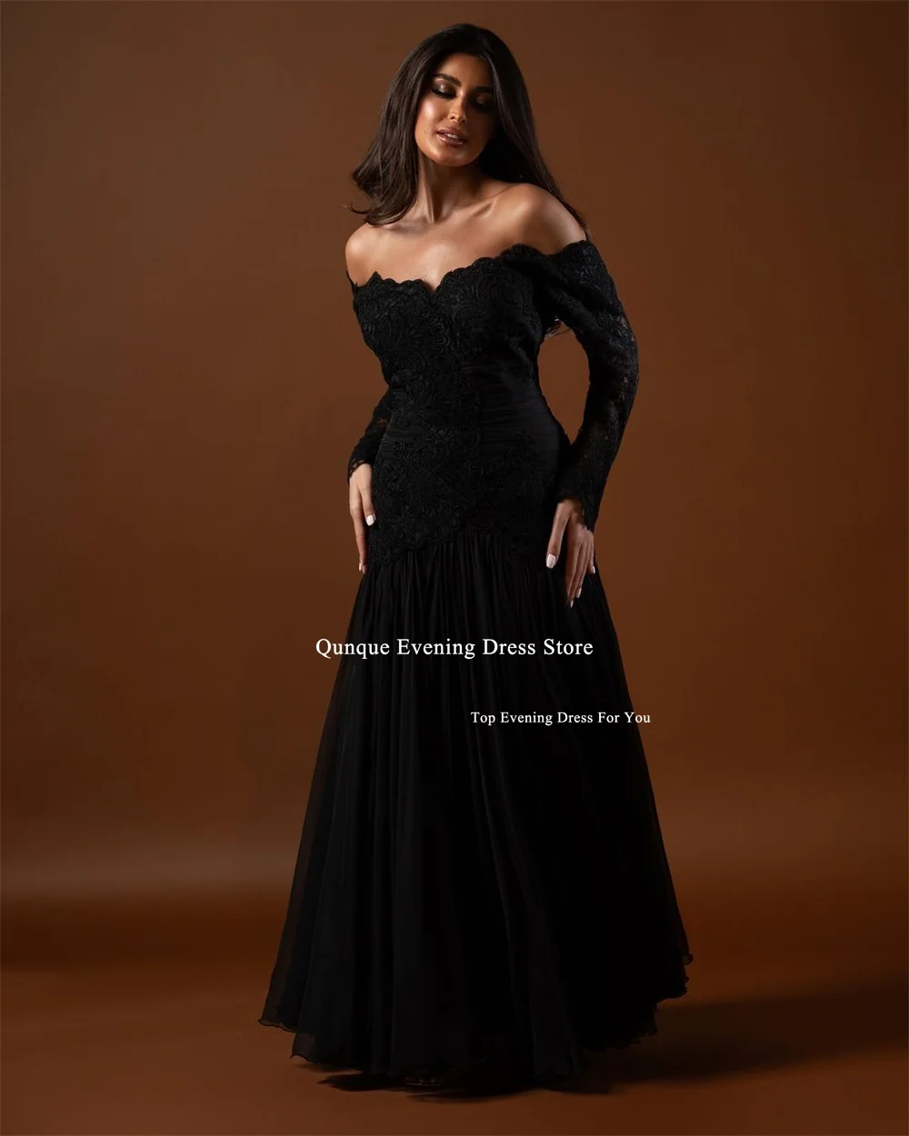 Qunque Elegant Lace Prom Dresses Black Chiffon Floor Length Formal Evening Dresses Customized Off the Shoulder Abendkleider Duba