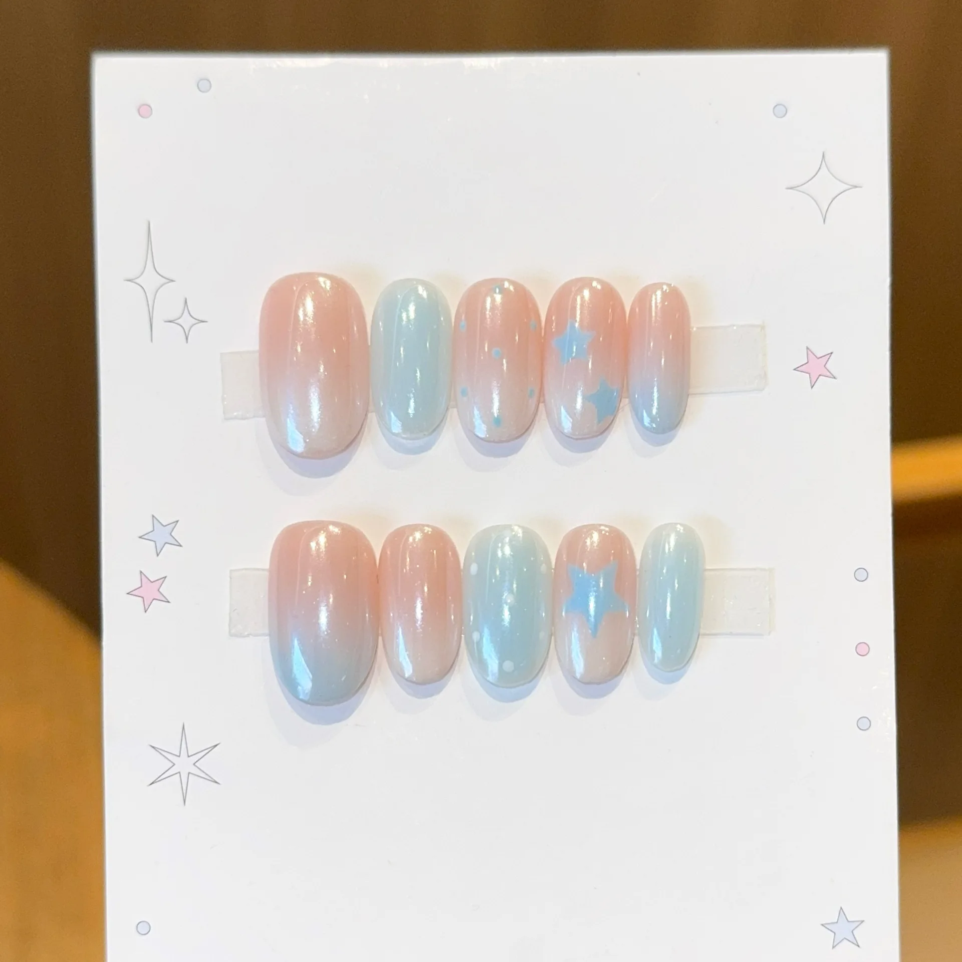 10pcs Handmade Short Oval Press On Nails Pink Blue Gradient Aurora Polka Dot Star Design Sweet Fake Nails Wearable Nails Art Tip