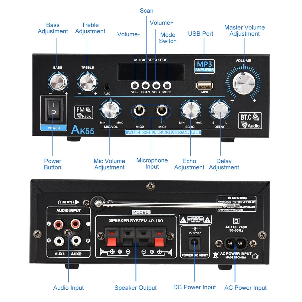 AK55 900W amplificatori digitali Bluetooth amplificatore audio Stereo HiFi a 2 canali per auto domestica Karaoke FM amplificatore USB con telecomando