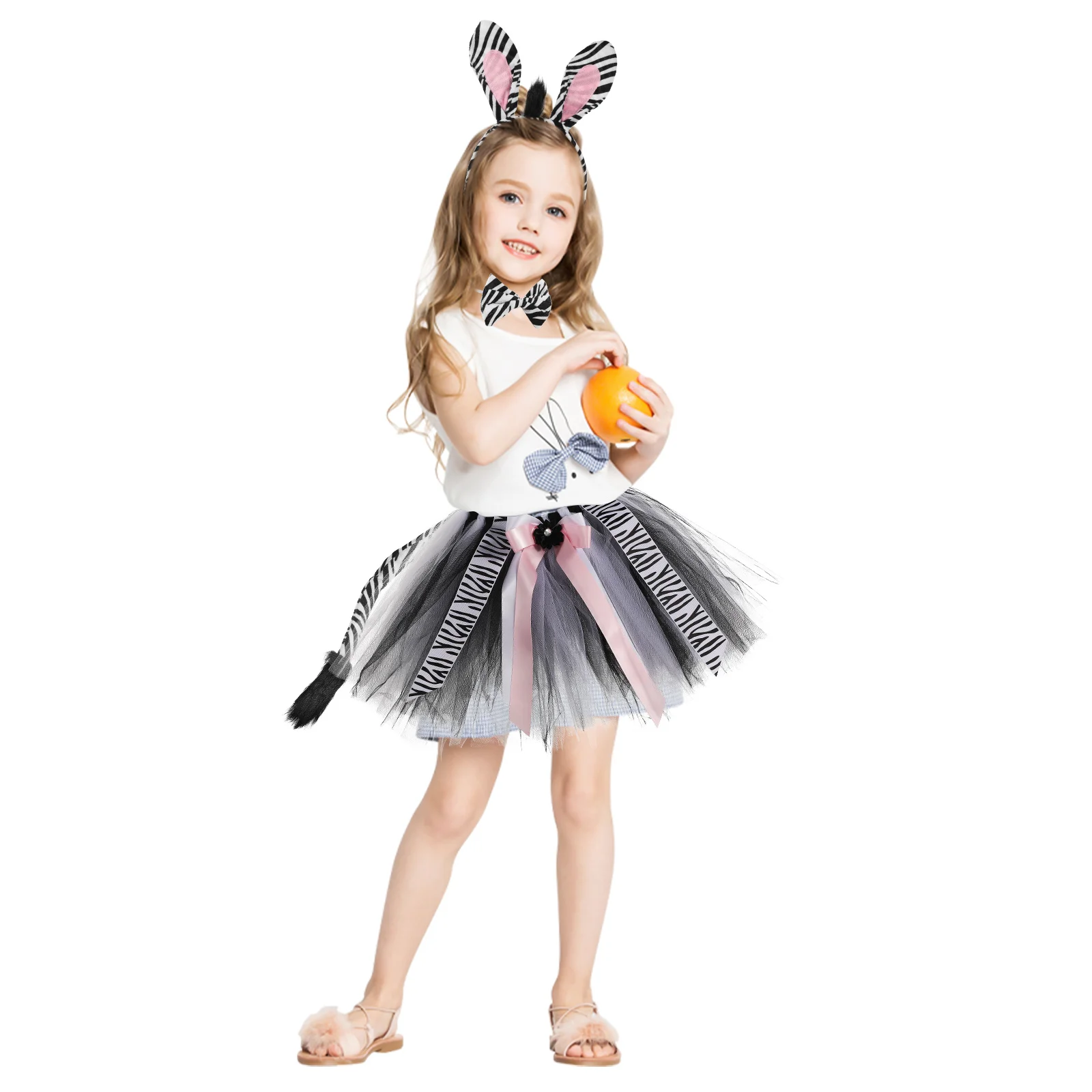 

Zebra Costume Tutu Skirt Set with Ears Headband Tail Bowtie in Polyester Kids Party Carnival Accessories Stylish Comfortable