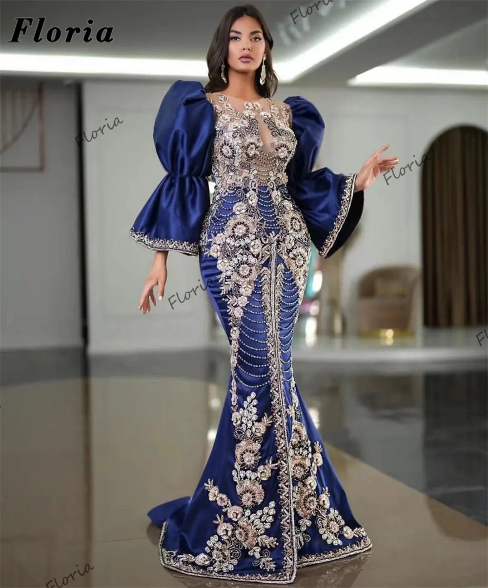 Abendkleider 2024 Blue Appliques Beaded Evening Dresses Kaftans Long Mermaid Celebrity Dress Women Dubai Prom Party Dress Robes