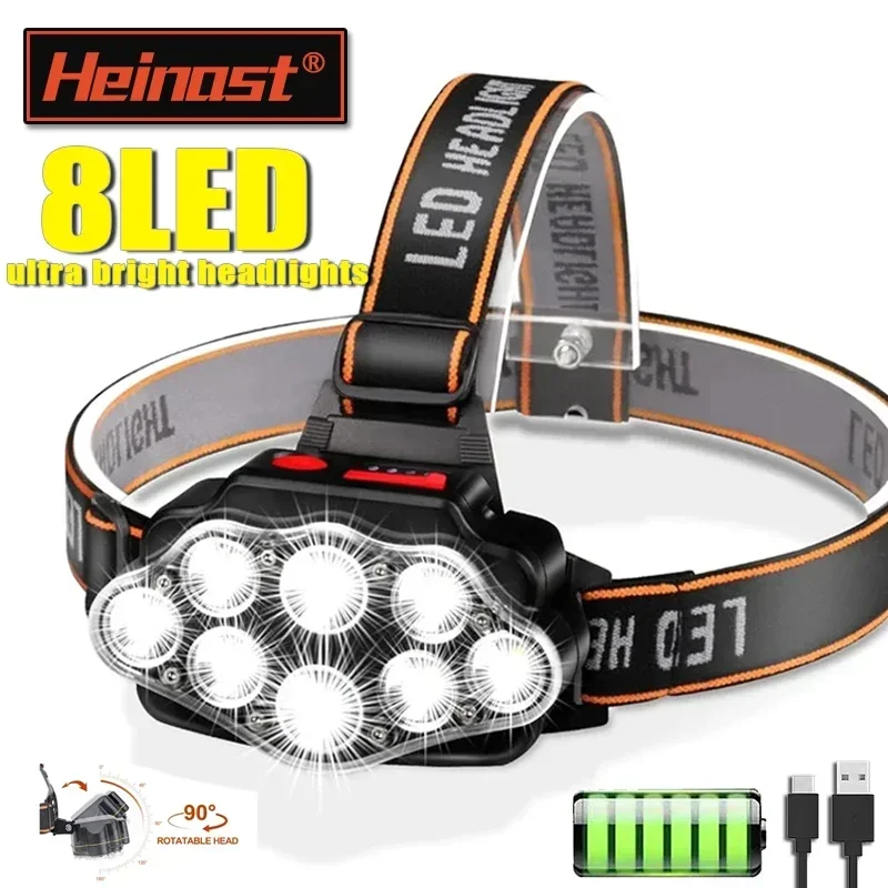 

Linterna frontal recargable por USB, lámpara de cabeza brillante de alto Lumen con 8 faros LED, 4 modos IPX4, linterna frontal