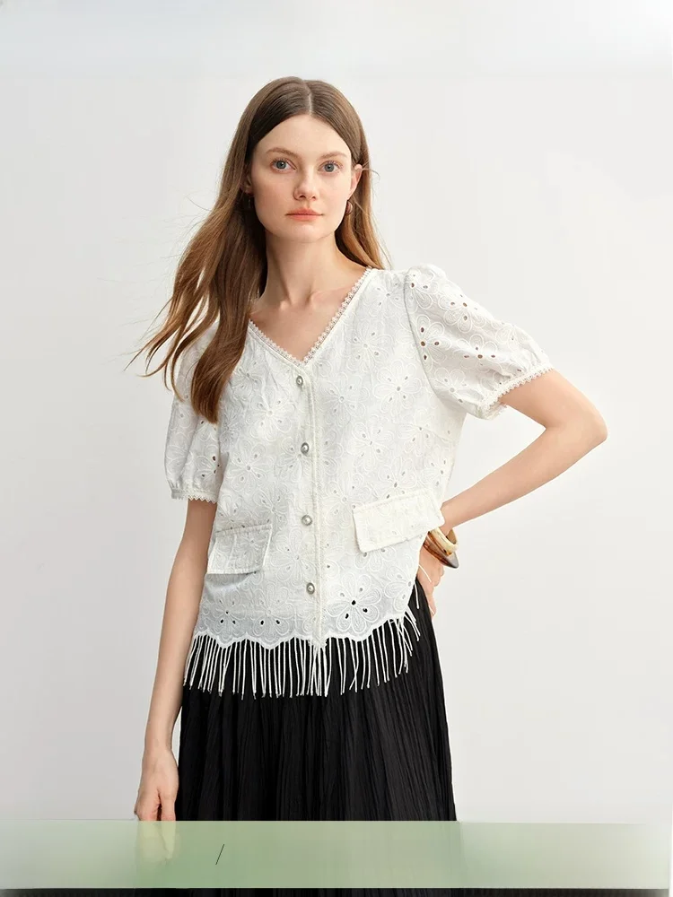 

Large Size Women's White irt Embroidered Lace Trim Casual Sle Summer New Arrival Single Bouquet Fro for plus Size Ladies