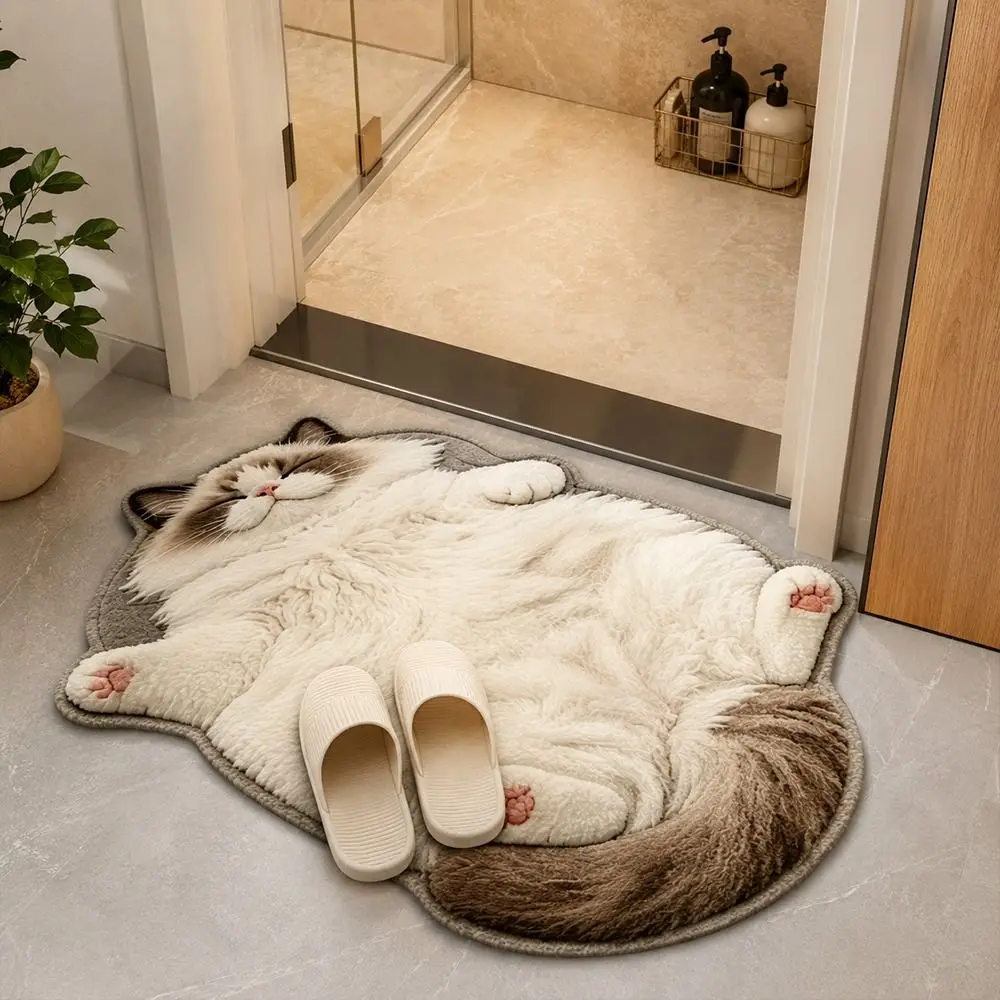Special-shaped Cat Floor Mat Soft Surface Absorbent Cat Shaped Rug Cat Pattern Non Slip Backing Bathroom Floor Mat
