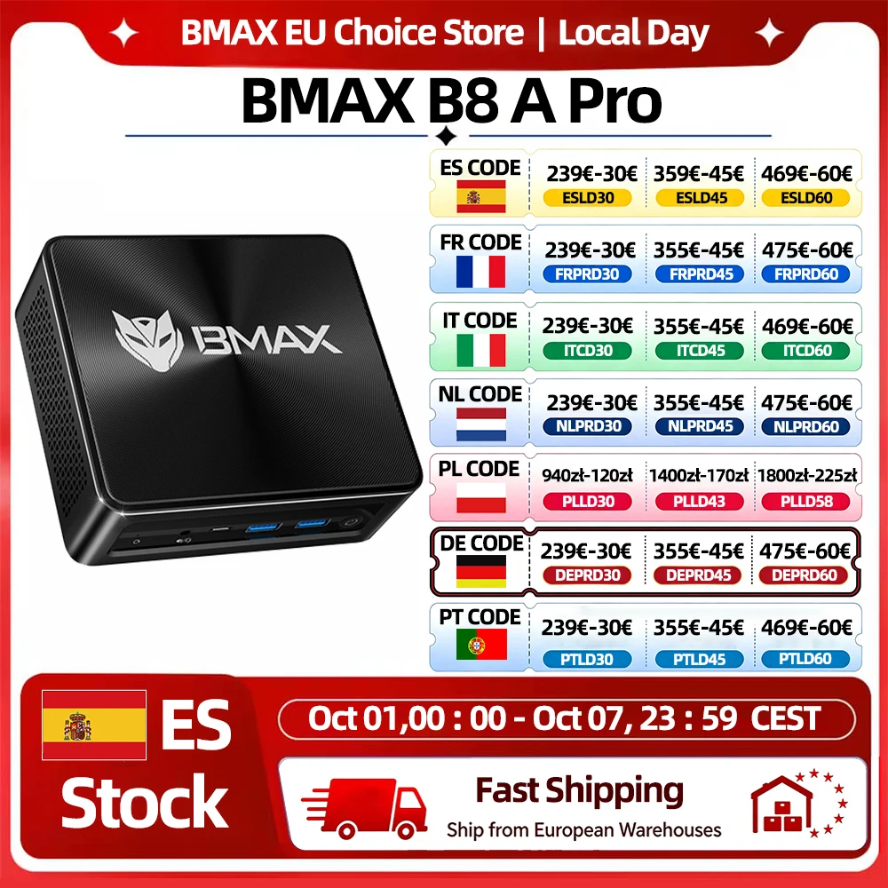 Mini PC Bmax B8 A Pro con Processore AMD Ryzen 7 8745Hs, Grafica AMD Radeon 780m, 16GB RAM, SSD 512GB, Windows 11, Wifi, Bluetooth, USB, HDMI, Type-C, DP