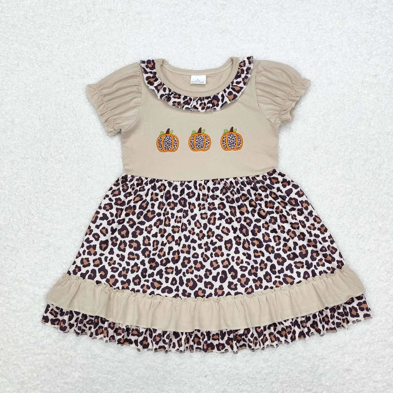 

Wholesale Kids Children Thanksgiving One Piece Clothes Infant Toddler Short Sleeves Baby Girl Embroidery Pumpkin Leopard Dress