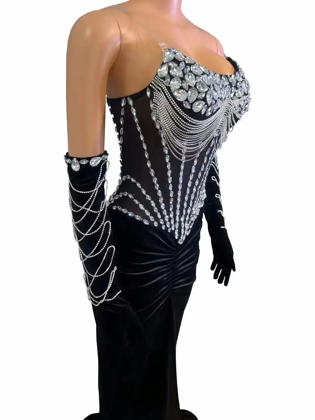 Schwarzes bodenlanges Kleid für Frauen, glitzernde Strass-Kristalle, luxuriöses, elegantes Geburtstags-Abend-, Abschlussball- und Nachtclub-Outfit mit Handschuhen