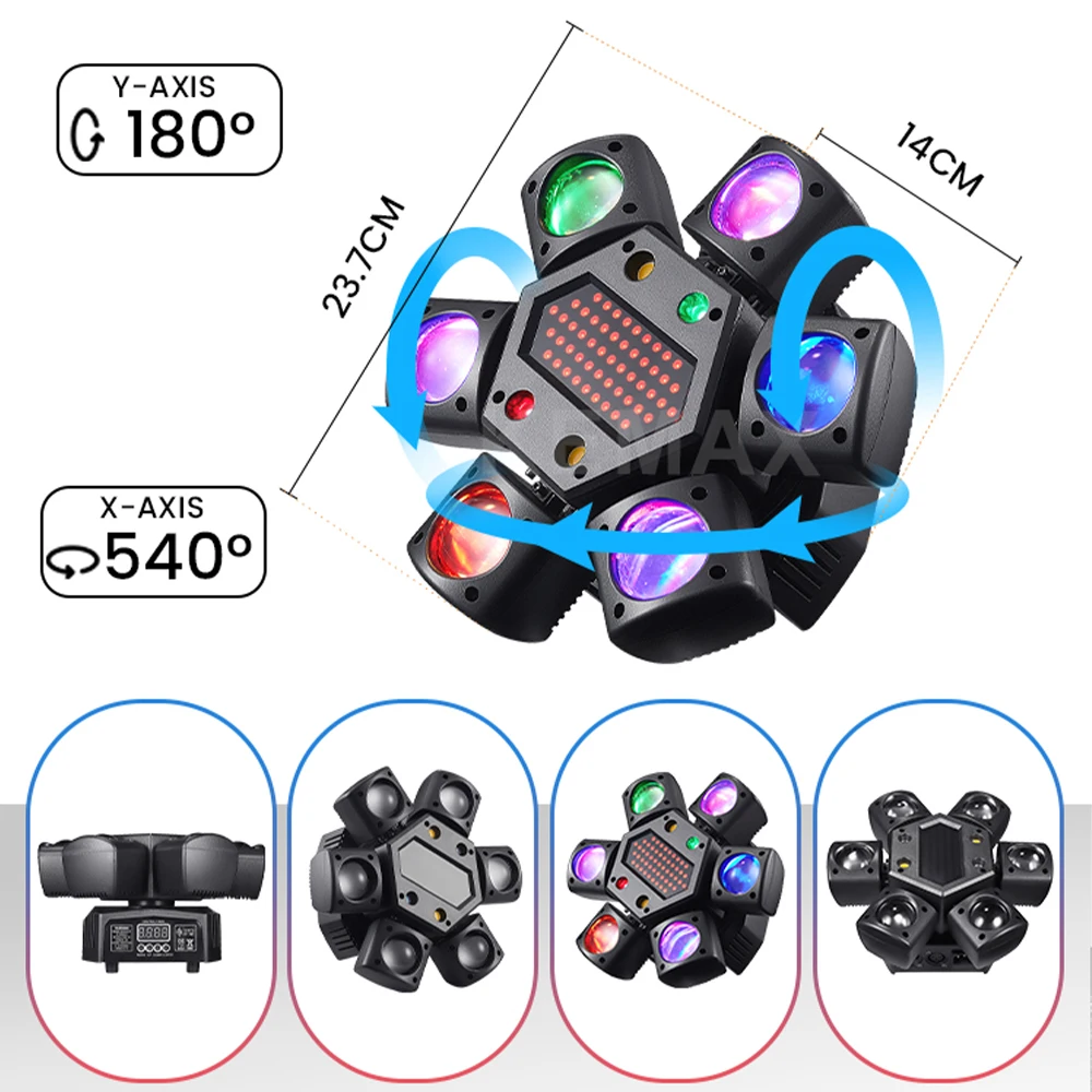 80Wディスコパーティーライト 6アームミニビームムービングヘッド ストロボ効果ライト リモートDMX512コントロール DJモバイルステージ クラブ/結婚式用