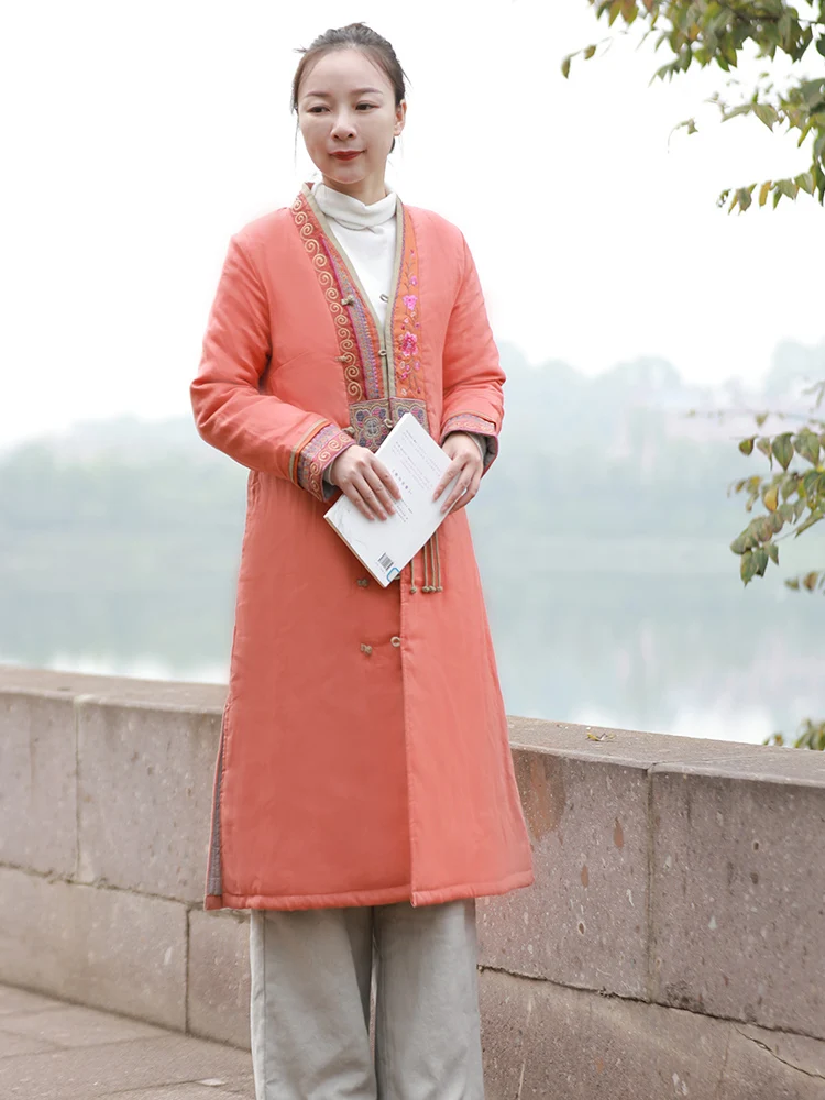 

Long Cotton Jaet Women's Sle Embroidered Floral Linen Mid-Length Coat Winter Tea Service Ethnic Trend V-Ne Single Button