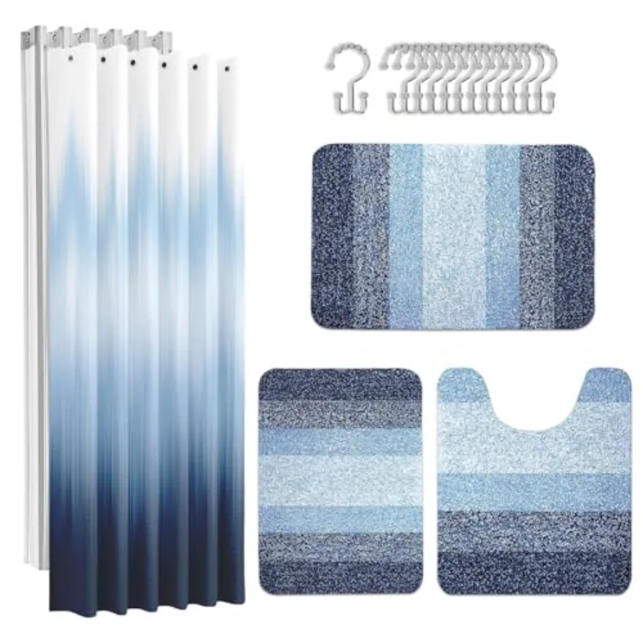 

Navy Blue Stripes Bathroom Sets with Shower Curtain and Rugs, Ombre Modern Abstract Waterproof Shower Curtain Liner and Soft No