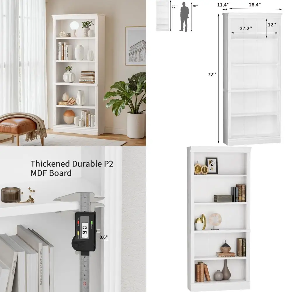 5-Shelf Tall Wood Bookcase, 71 Open Display Floor Bookshelf, Large Storage Organizer for Libraries