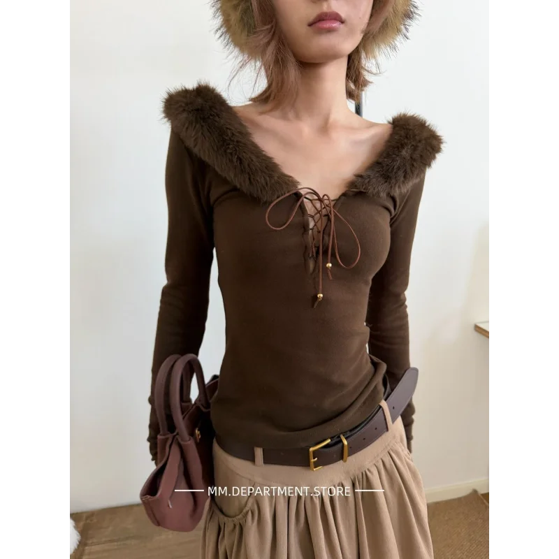 

Solid Color Casual Versatile Tops for Women in Autumn and Winter New Style Fur Collar Stitching Design V-neck Bottoming Shirt
