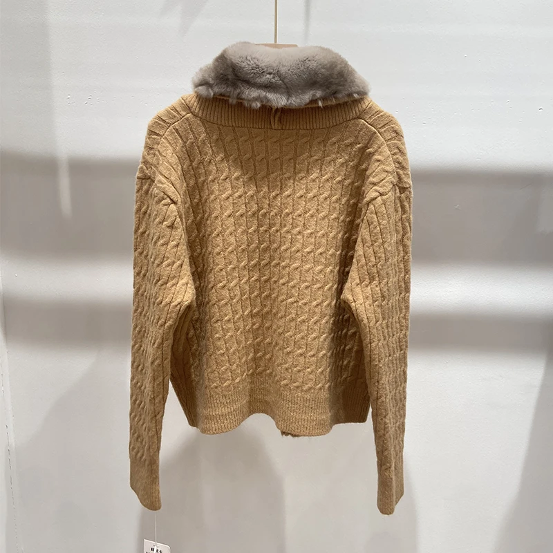 Women Autumn Natural Rex Rabbit Fur Collar Button Jacket Coat Camel Rex Rabbit Fur Long Sleeve Sweater Coat