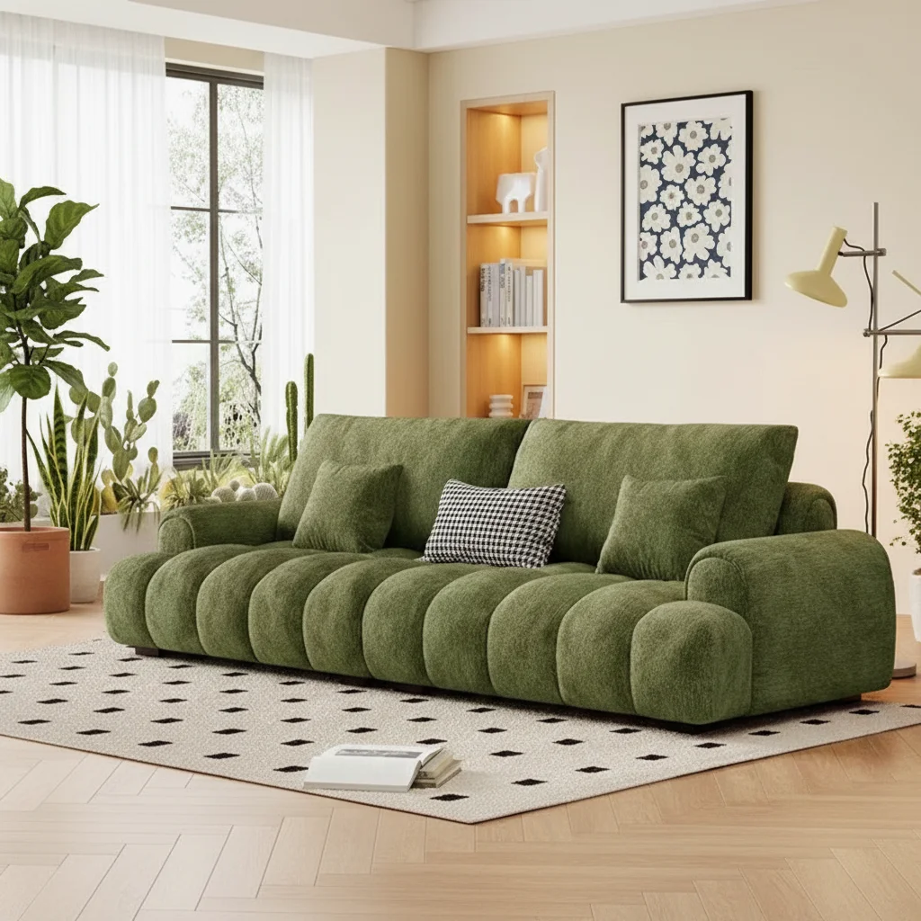 

！@Italian Minimalist Fabric Sofa One Seat Square Sponge Filling Solid Wood Frame Flannel Cover Small Spaces Vintage Light Luxury