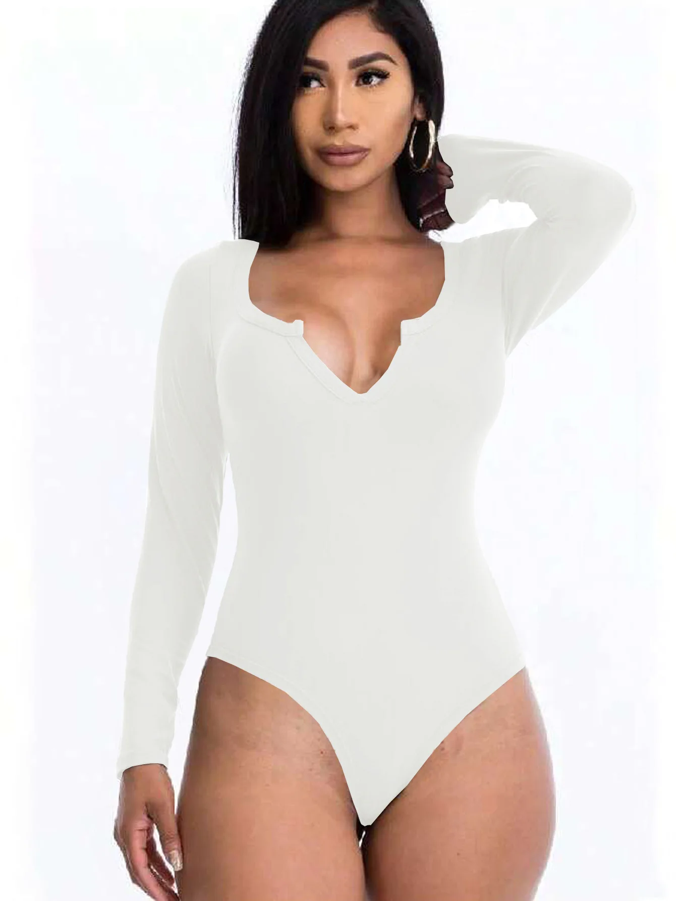 Macacão feminino europeu e americano com nervuras de manga comprida com gola entalhada e macacão justo