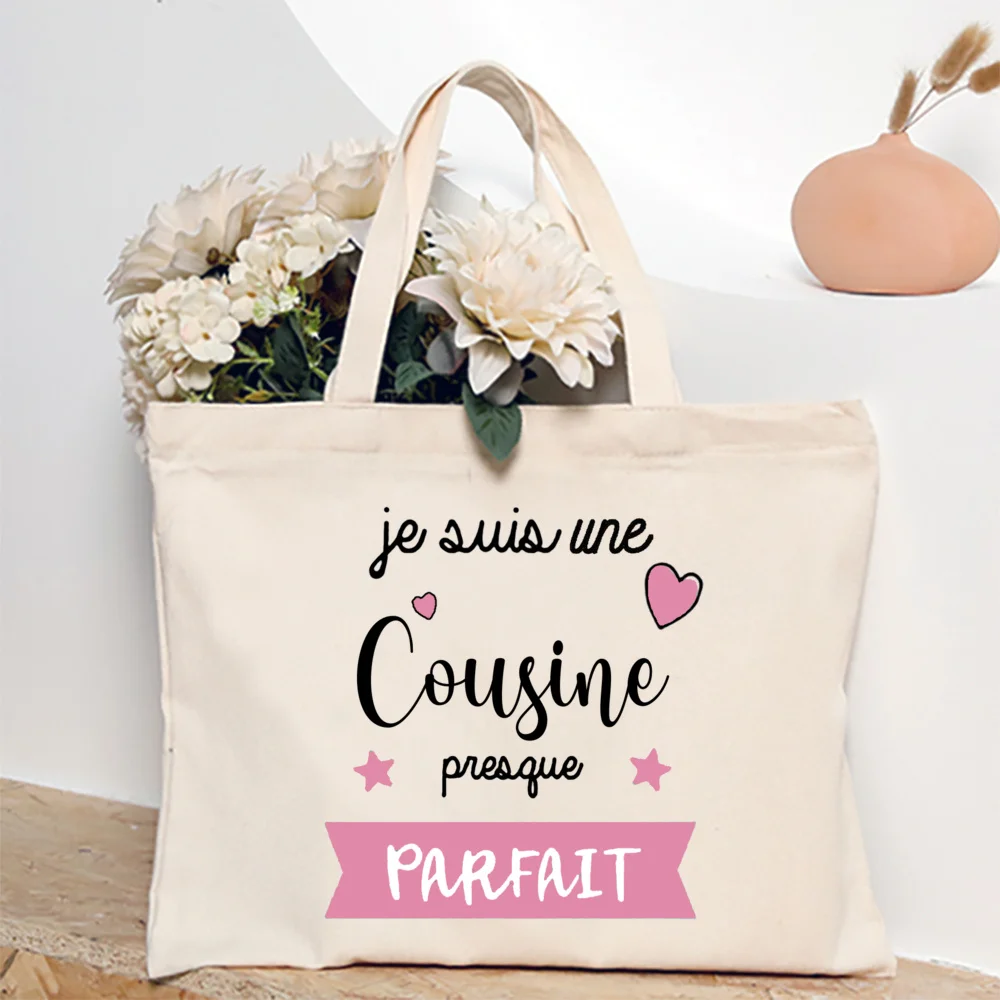 French Cousines Print Canvas Shoulder Bag Female Shopping Tote Women Travel Handbags Eco Reusable Storage Pouch Gifts for Cousin