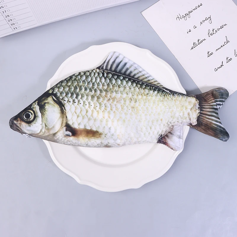 Bolsa de caneta de carpa cruciana, bolsa de maquiagem em formato de peixe realista, estojo de lápis com zíper, bolsa de lápis de volta às aulas