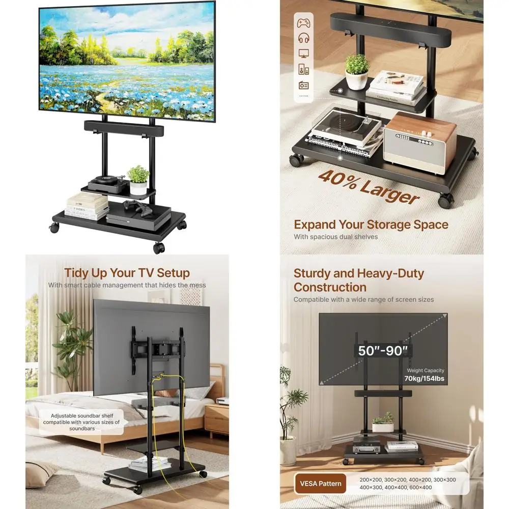 

Регулируемая усиленная поворотная подставка для телевизоров 50-90 дюймов (до 70 кг), мобильная тележка для хранения с креплением для саундбара, VESA 600x400 мм
