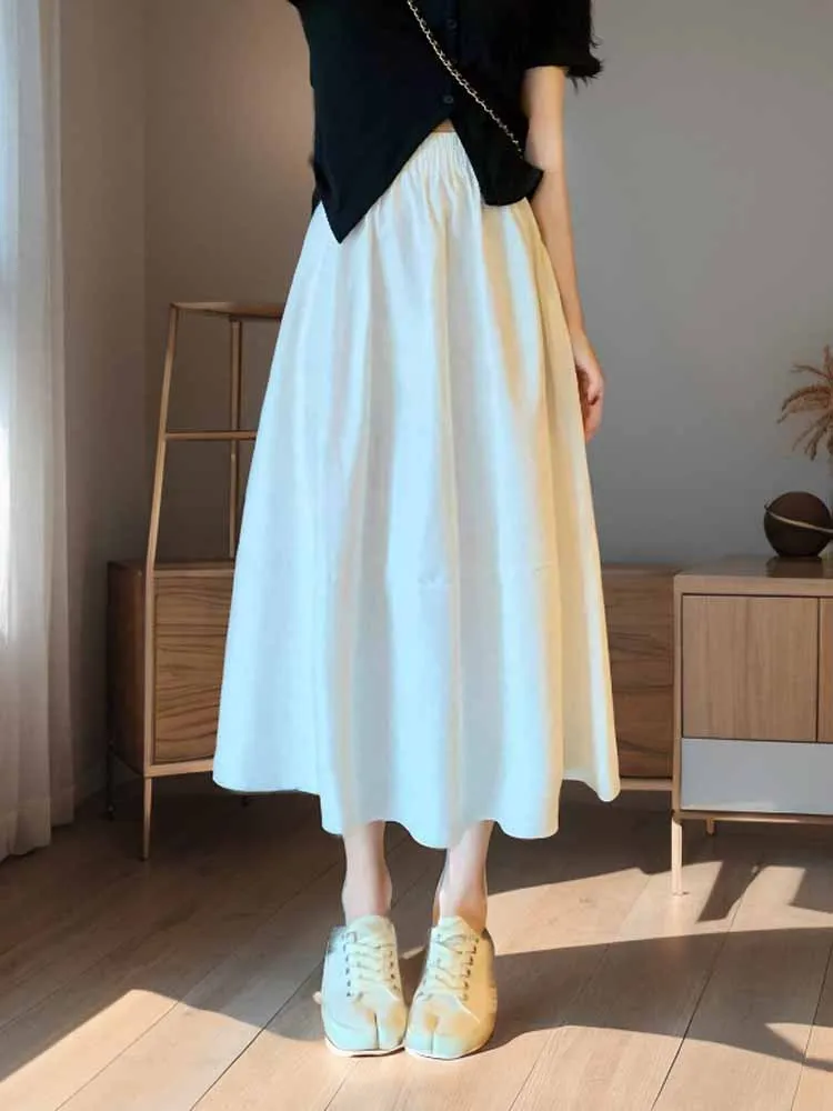 

Юбка-миди с высокой талией, женская белая юбка трапециевидной формы, весна 2024, новинка, корейская юбка для похудения с высокой талией