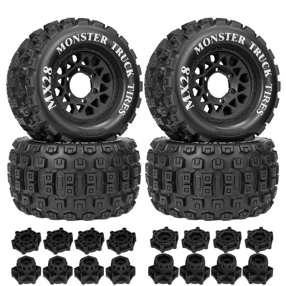 4pcs 128mm 1/10 Monster Stunt Truck Tire 12mm and 14mm Hex for TRXS MAXX ARRMA Granite KRATON Outcast Tamiya Losi Redcat