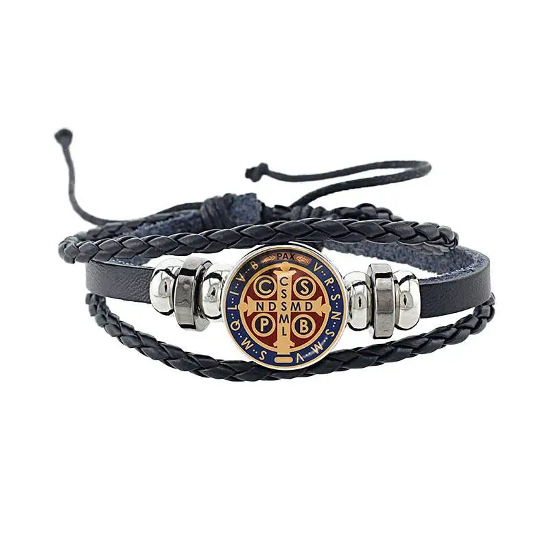 New St. Benedict of Nursia Patron Medal Bracelet Catholic Religious Jewelry Punk Rock Beaded Multilayer Leather Bracelet QCR01