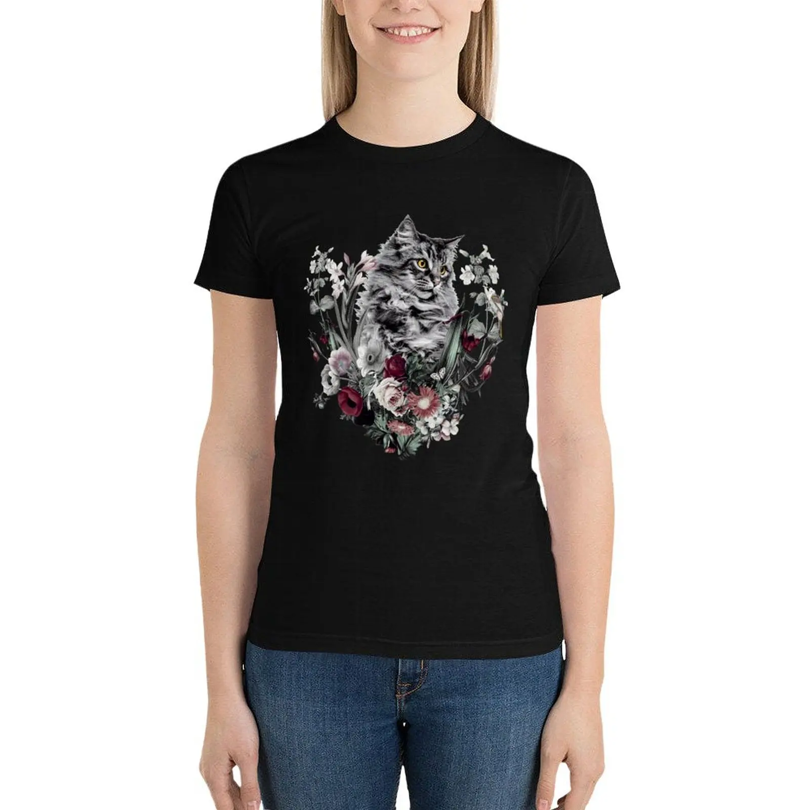 Cat in Flowers T-Shirt cute tops graphics Female clothing vintage clothes tshirts woman