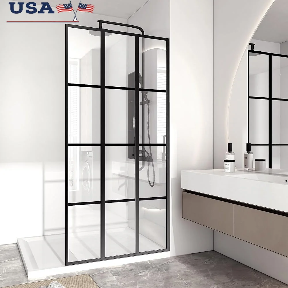 

36 Inch Walk-in Shower Door Tempered Glass Panel Screen Adjustable Framed Shower Glass Installation Easy Matte Black Finish